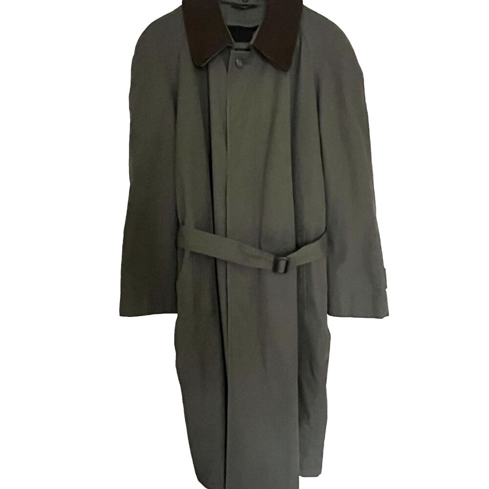 JoS A Bank Trench Coat Overcoat 40R Removable Liner Suede Collar Belted Olive